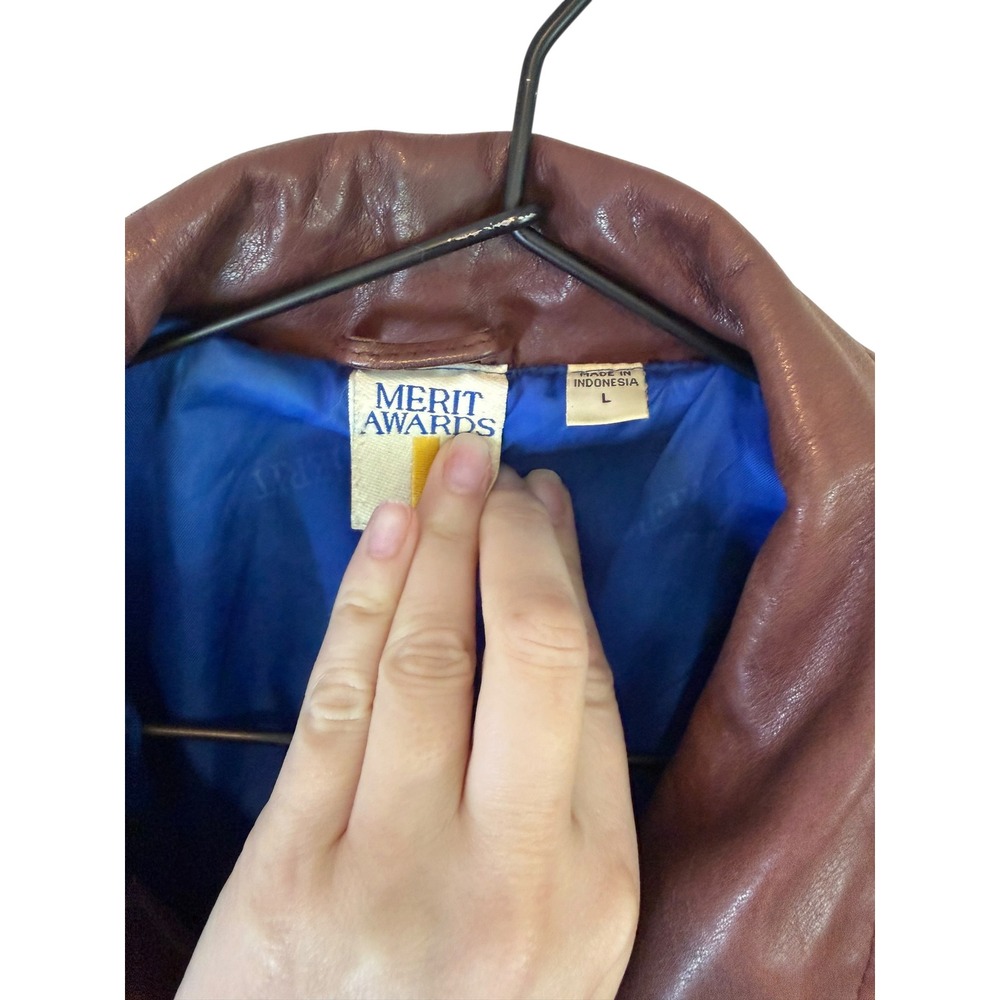 Vintage Merit Awards Mens Brown Genuine Leather Bomber Jacket Large 90s Classic - Picture 4 of 12